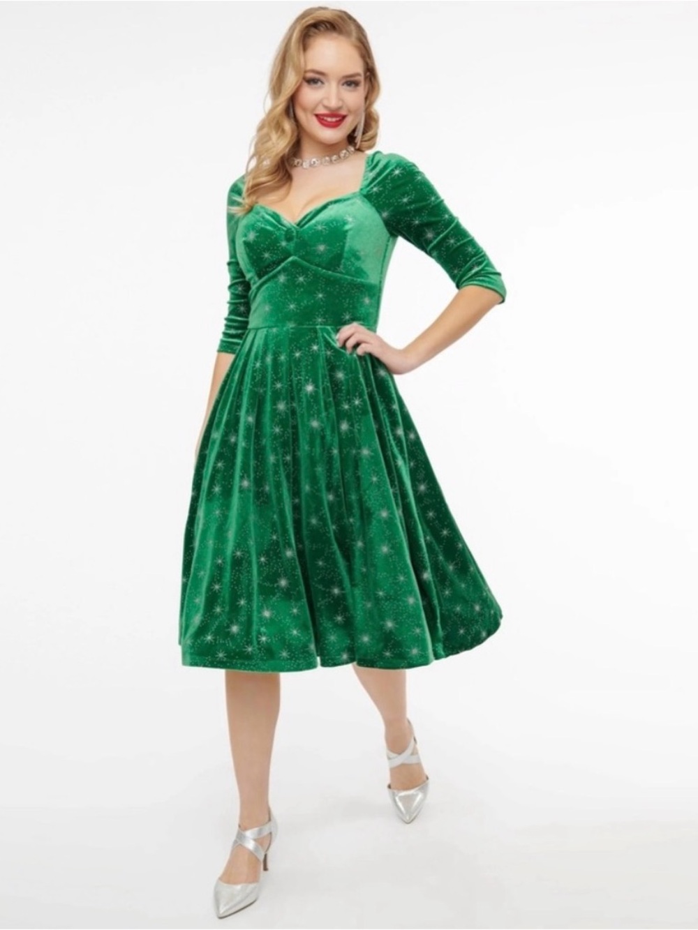 UNIQUE VINTAGE Green Velvet Lamar Swing Dress Silver Starburst Retro 50s M 6 8